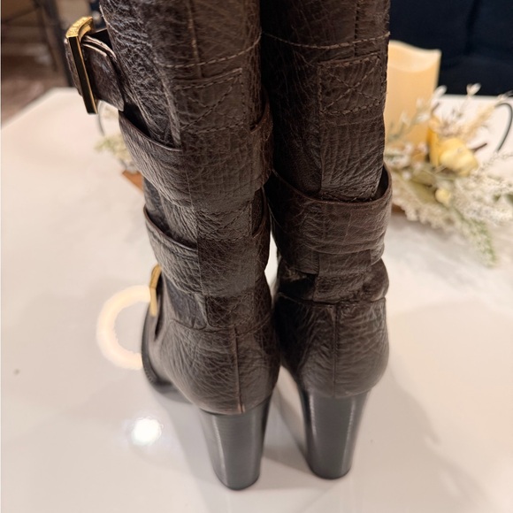 Tory Burch Dark Brown Heeled Boots with Gold Buckles - Picture 5 of 6